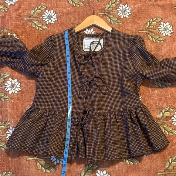 notPERFECTlinen Lourdes Top Chocolate Check S/M Women's Top - Picture 4 of 7